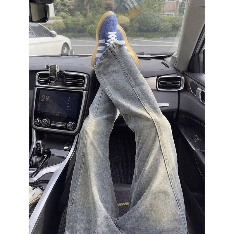 vibe秋冬弯刀直筒裤显瘦修身斜切美式复古男款微喇裤子高街牛仔裤