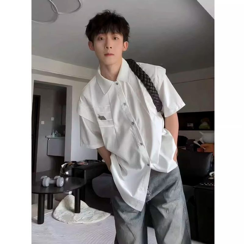 金属痞帅解构男短袖半袖复古扣小众夏季衬衫新款衬衣美式2025潮牌
