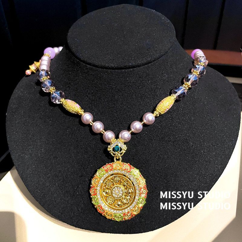 女贵气吊坠链项饰奢华复古锁骨珐琅珍珠项链新中式滴油!八宝罗盘