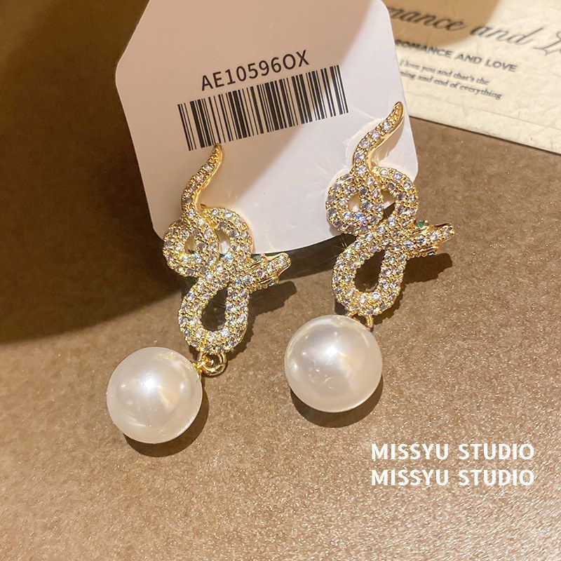 真金锆石电镀耳钉蛇形女轻奢时尚
