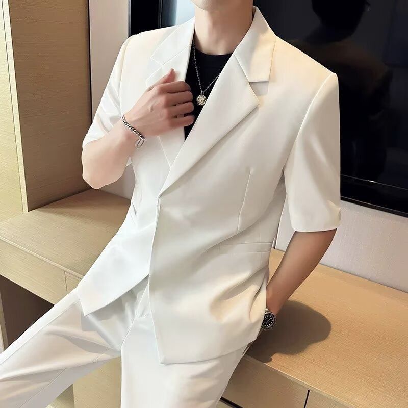 男士高级感西服套装白色五分袖男款2025男装夏季新款西装休闲外套