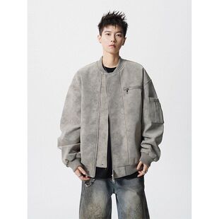 新款秋季服百搭男痞帅宽松飞行皮夹克外套皮衣棒球pu美式扎染潮牌