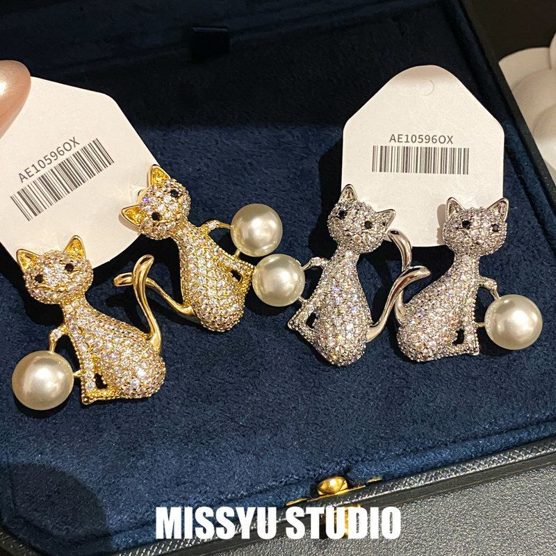 时尚耳钉小猫锆石耳饰珍珠甜酷