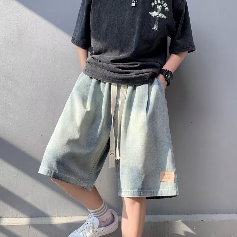 潮牌宽松工装夏季痞帅中裤男美式水洗五分裤高街薄款做旧牛仔短裤