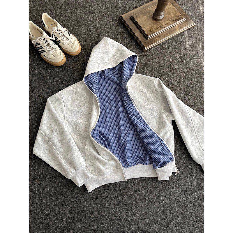 连帽开衫美式le外套cmiu系卫衣anfit灰色男秋季格纹高级感双面穿