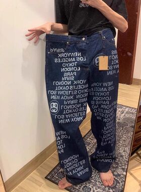 阔腿裤美式子满印弯刀蓝色hiphop潮牌做旧直筒牛仔裤嘻哈字母水洗