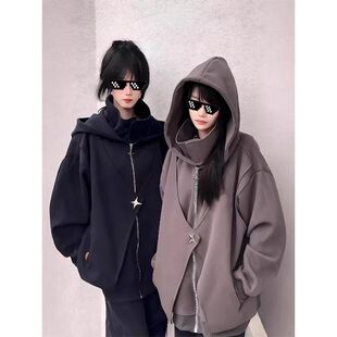 情侣蝙蝠男秋款上衣痞帅假两件复古卫衣外套美式潮牌开衫立领连帽