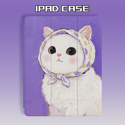 ipad11保护壳25年新款air6/7平板保护套Pro带笔槽mini7可爱头巾小白猫3+Y折书本式亚克力透明硅胶13英寸