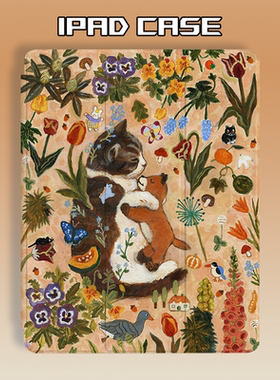 适用于苹果新款iPadPro保护套Air4/5/6带笔槽mini保护壳油画可爱猫咪三折书本式iPad7/8/9第十代平板12.9英寸
