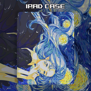 适用于24款iPadPro保护套Air4/5/6带笔槽mini6保护壳小众艺术梵高漫画女孩三折书本式iPad7/8/9平板12.9英寸