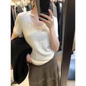 TITISHOP秋上新简约慵懒随性休闲V领蕾丝拼接短袖 T恤