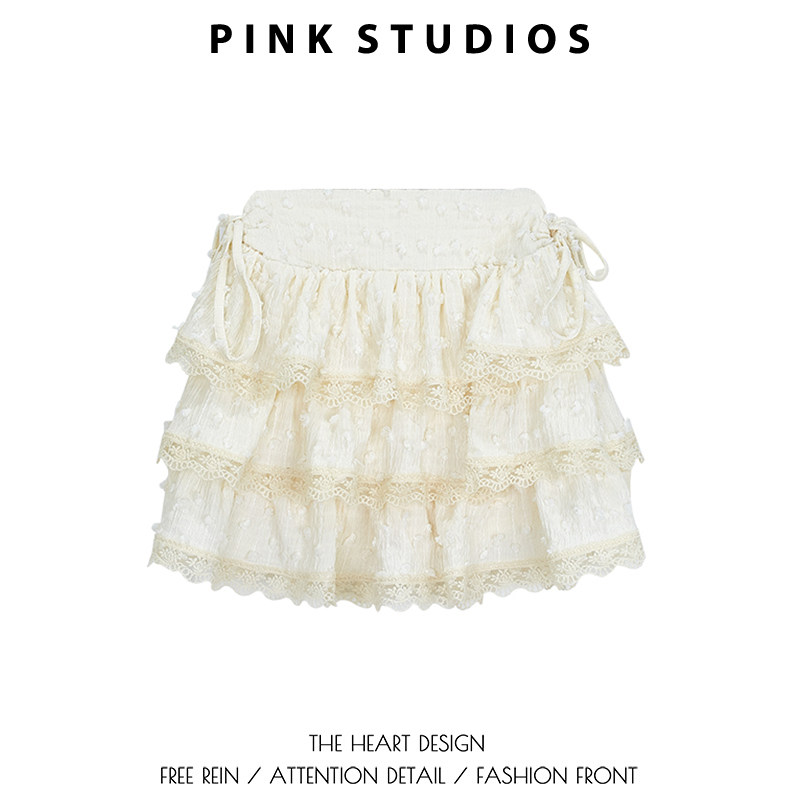 纯欲蕾丝边蛋糕裙女夏甜美高腰显瘦奶油半身裙肌理感绑带蓬蓬短裙