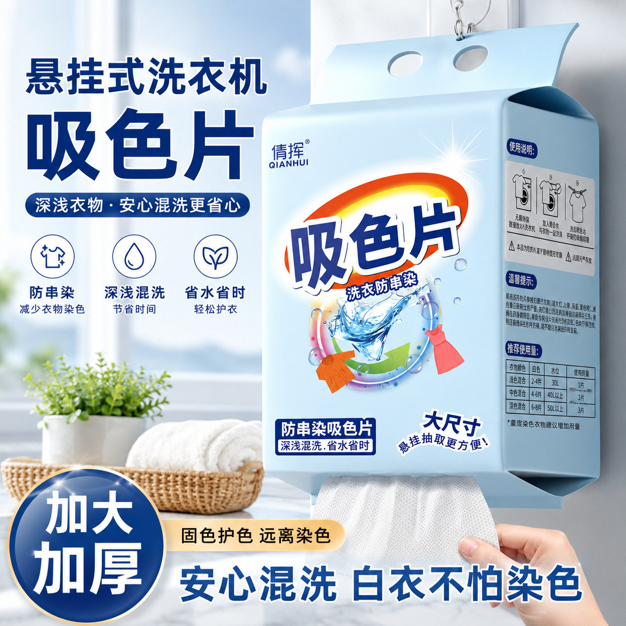 悬挂式洗衣机吸色片加厚防串染深浅混洗护色洗衣防染色家庭装