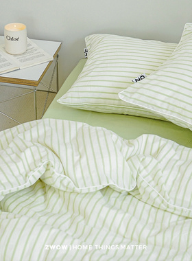 造卧zwow秋冬小清新薄荷曼波绿色条纹水洗纯棉全棉床上床单四件套