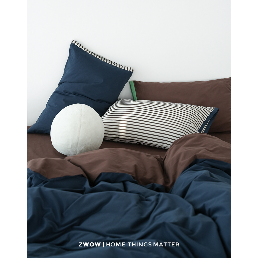 造卧zwow秋冬季全棉长绒棉高支磨毛藏青咖撞色5件套床单笠四件套