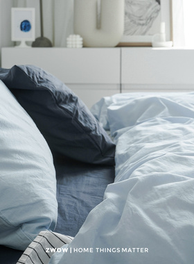 造卧zwow【冰岛】水洗棉纯棉全棉被套深蓝浅蓝撞色床单床笠四件套