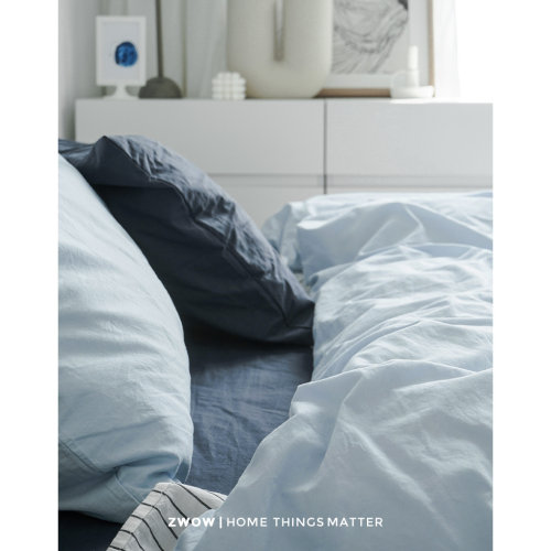 造卧zwow【冰岛】水洗棉纯棉全棉被套深蓝浅蓝撞色床单床笠四件套
