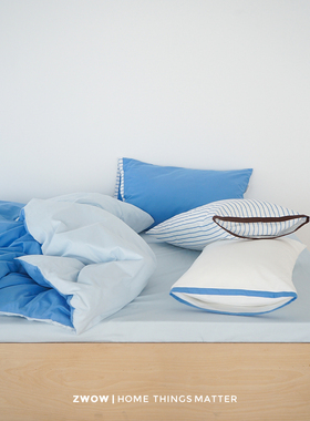 造卧zwow【蓝朋友】全棉长绒棉高支磨毛蓝色系撞色床单被套四件套