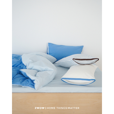 造卧zwow全棉长绒棉高支磨毛蓝色系撞色5件套床单床笠被套四件套