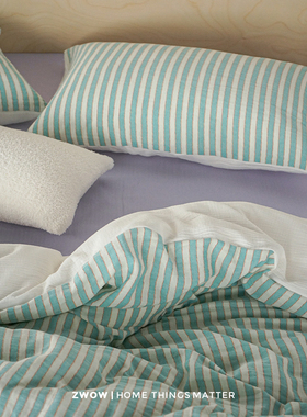 造卧zwow复古绿色条纹双层皱皱纱亲肤软糯A类床单床笠被套四件套