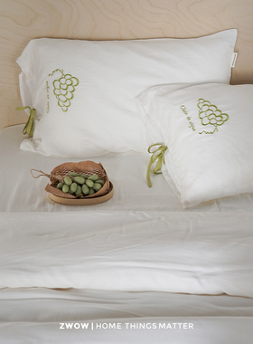 造卧zwow兰精天丝轻奢高级感纯白色莱塞尔葡萄刺绣床单被套四件套