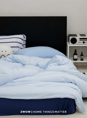 造卧zwow四季款撞色蓝色系条纹纯棉针织棉A类裸睡床品床单四件套