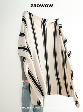 造卧zwow黑米条纹双面半边绒盖毯休闲毯毛毯午睡毯沙发床盖毯子