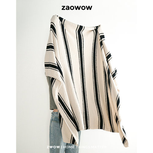 造卧zwow黑米条纹双面半边绒盖毯休闲毯毛毯午睡毯沙发床盖毯子
