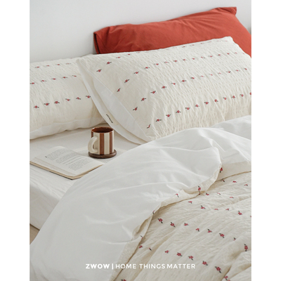 造卧zwow韩系少女风ins小提花朵100全棉纯棉卡其米白色床品四件套