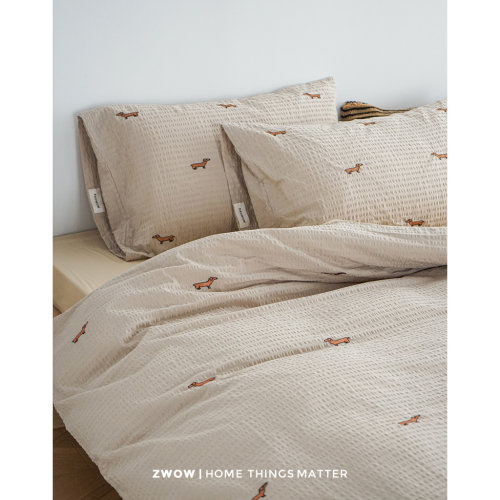 腊肠狗刺绣四件套全棉韩系泡泡纱