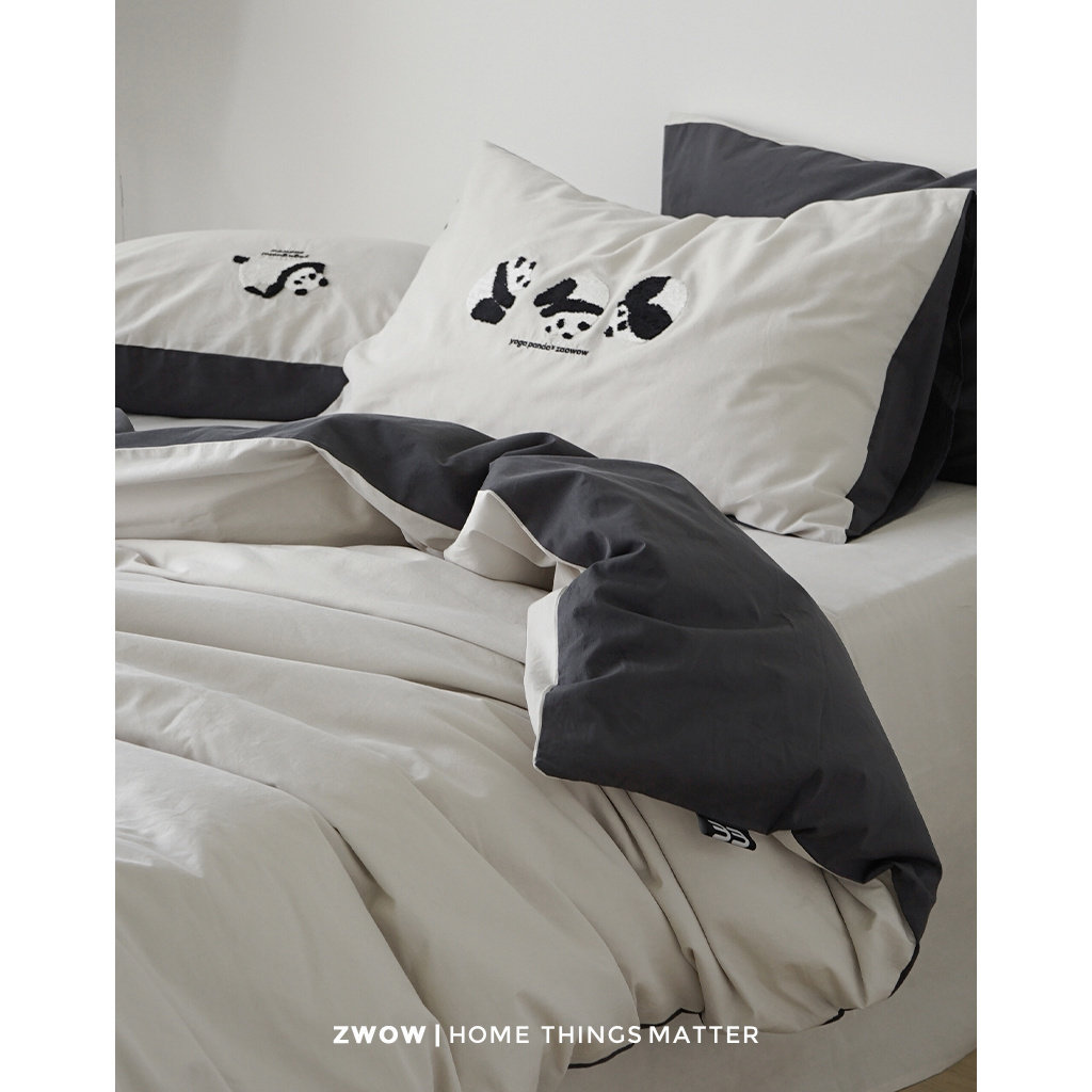 造卧zwow100全棉纯棉原创可爱瑜伽熊猫花花果赖水洗棉床品四件套