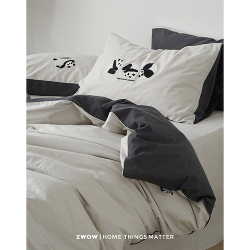 立体刺绣四件套全棉熊猫拼色北欧