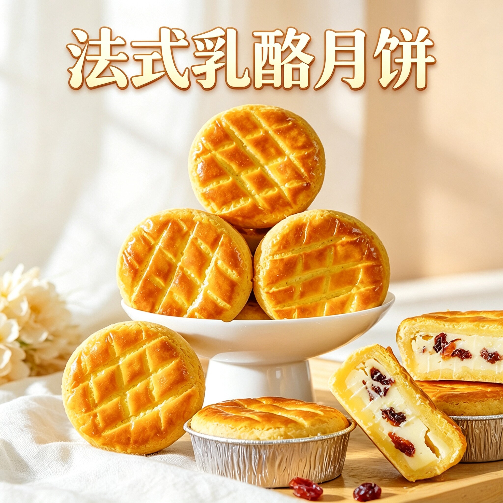 法式乳酪月饼奶糕点心蔓越莓下午茶菓子咖啡店酒楼甜品中秋伴手礼