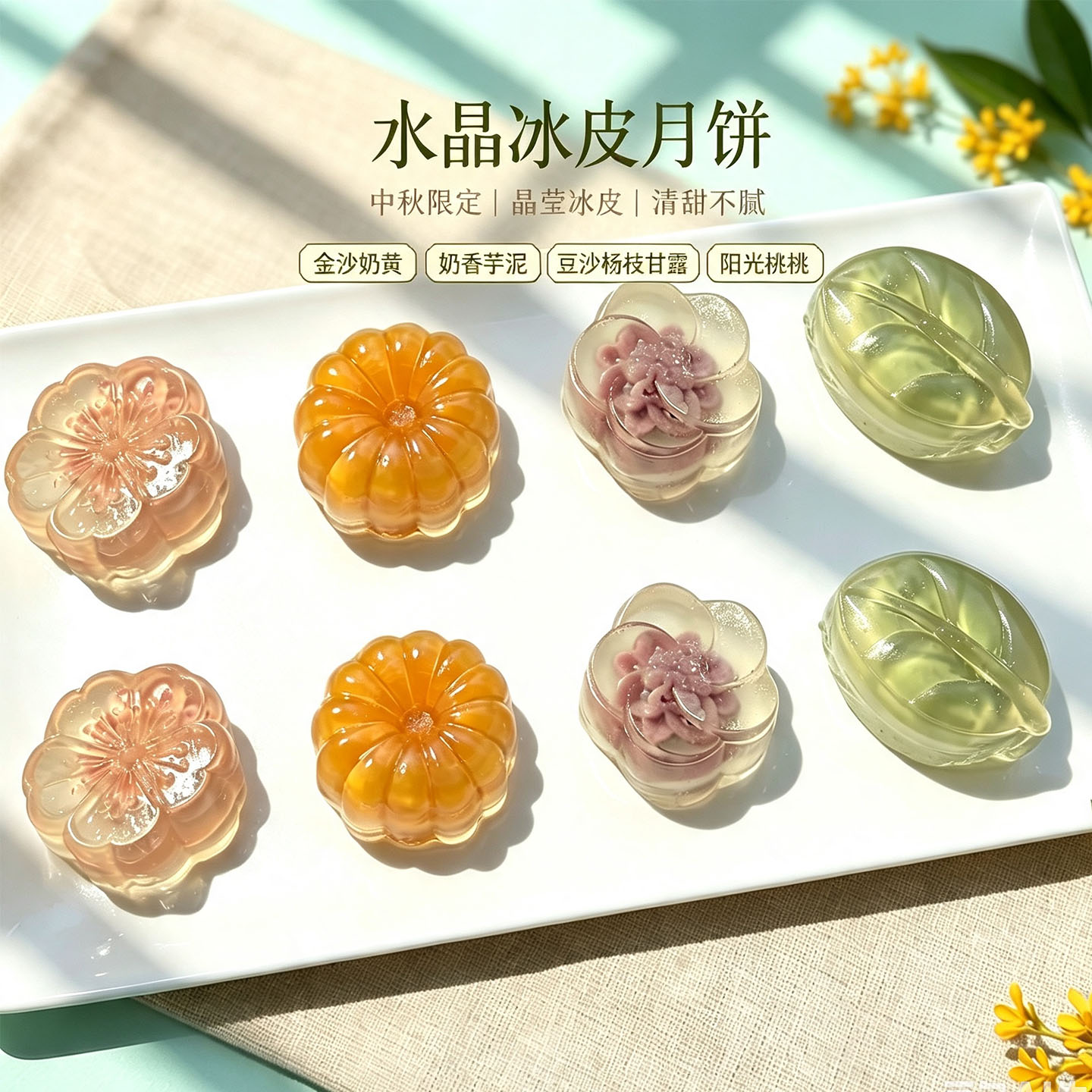 水晶糕点冰皮月饼中秋奶黄软心果冻甜品水果味下午茶花形酒楼民宿