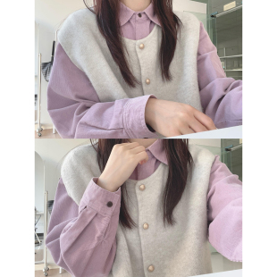 日系文艺复古风早秋灯芯绒衬衫叠穿马甲两件套装女韩系漂亮小上衣