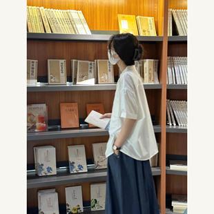 日系松弛感棉麻衬衫 夏季 新款 圆领宽松显瘦遮肉慵懒风正肩上衣女装