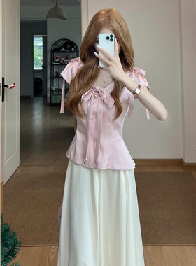 小香风蝴蝶结缎面小飞袖吊带衬衫