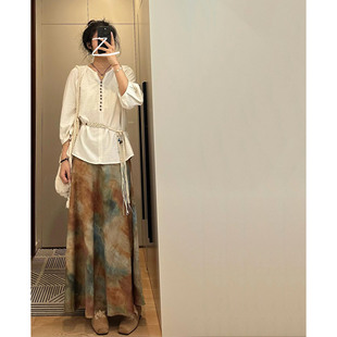 女夏季 亚麻衬衫 宽松慵懒风棉麻衬衣上衣 复古松弛感V领七分袖 法式