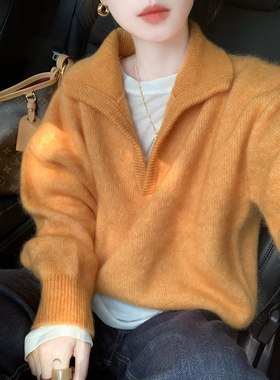 多巴胺绝美巨好看橘色翻领毛衣氛围感加厚翻领针织衫外穿内搭上衣