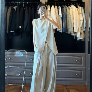 新中式老钱风松弛感穿搭清冷系棉麻不规则上衣休闲阔腿裤两件套装