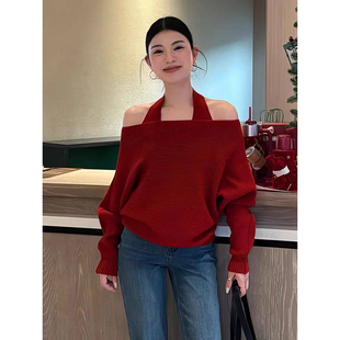 韩系设计感挂脖露肩长袖 秋冬氛围感不对称百搭显瘦上衣 毛衣针织衫