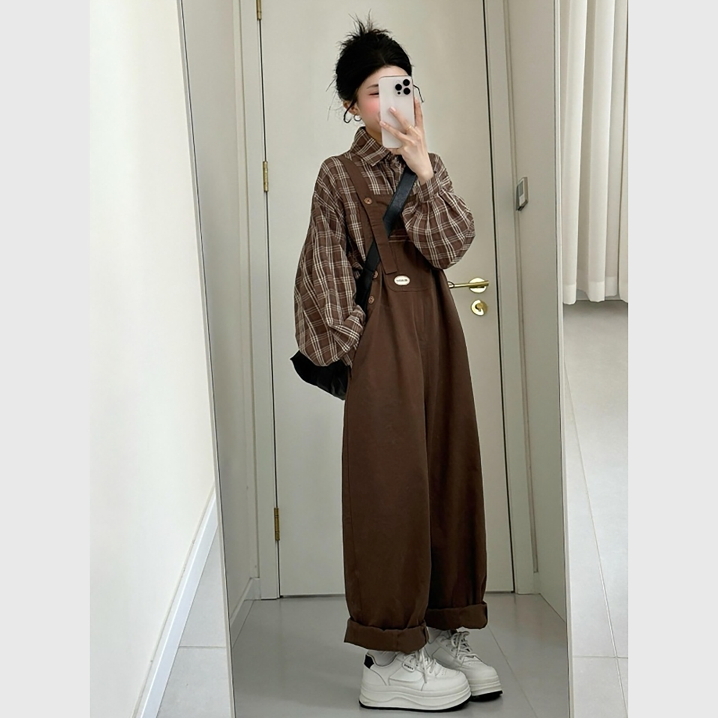 早秋格子长袖衬衫搭配背带裤套装