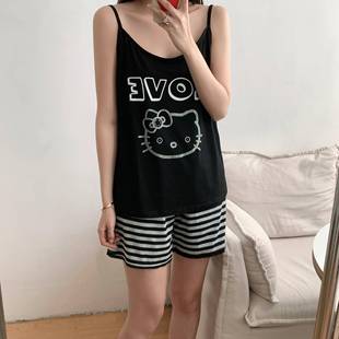 睡衣夏季 钻女士UYE新款 烫猫咪可爱款 家居衣吊带短服睡套套装