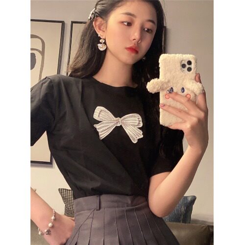여성용 오른쪽 어깨 반팔 티셔츠 여름 슬리밍 디자인 틈새 나비 화이트 첫사랑 스타일 스위트 페어리 탑 2022