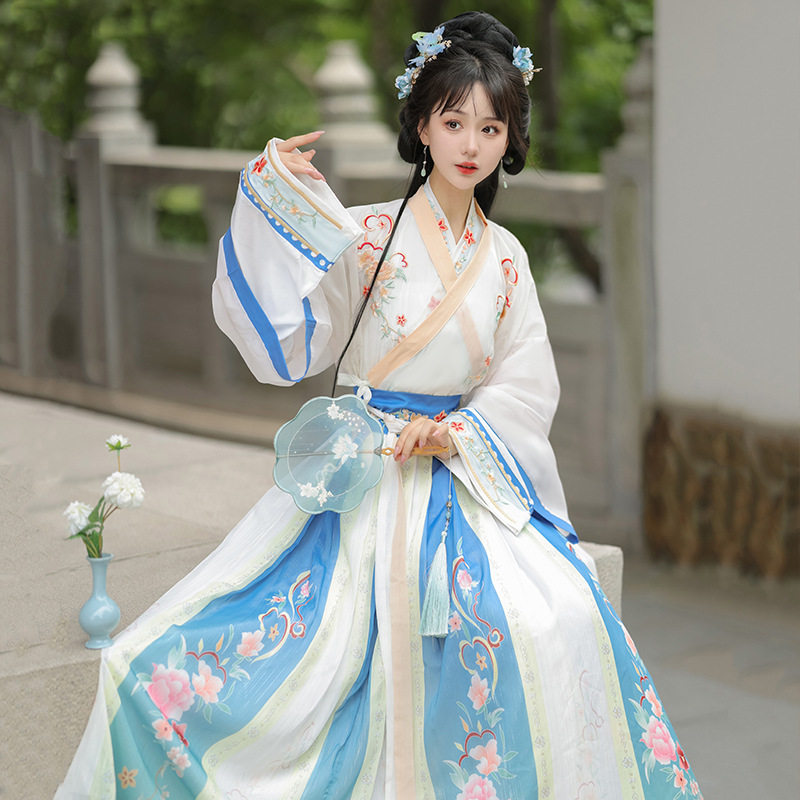 汉服女生渐色日常新款蓝青交领齐腰襦裙古装仙气魏晋风长裙套装