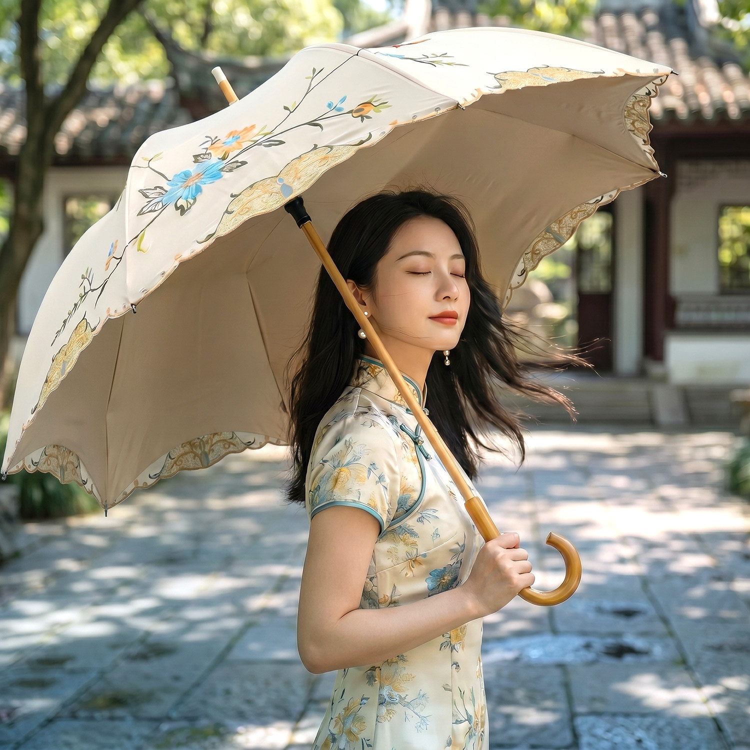 防晒防紫外线女遮阳伞双层黑胶刺绣太阳伞复古宫廷风长柄晴雨两用