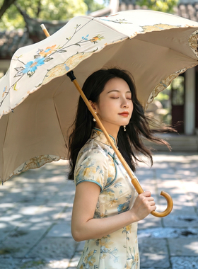 防晒防紫外线女遮阳伞双层黑胶刺绣太阳伞复古宫廷风长柄晴雨两用