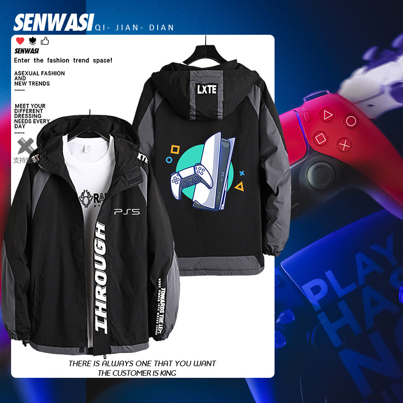 PS5主机游戏周边电玩爱好者港风印花连帽上衣男女秋冬夹克外套潮