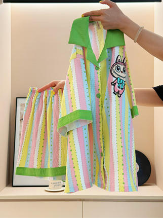 Summer Dopamine Rainbow Striped Labubu Print Contrast Color Short Sleeve Pajamas Women Summer Cute Large Size Home Clothes