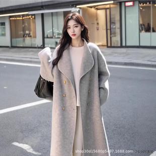 Queen秋冬新款 加厚宽松呢子外 高级感羊毛灰色双面羊绒大衣女长款